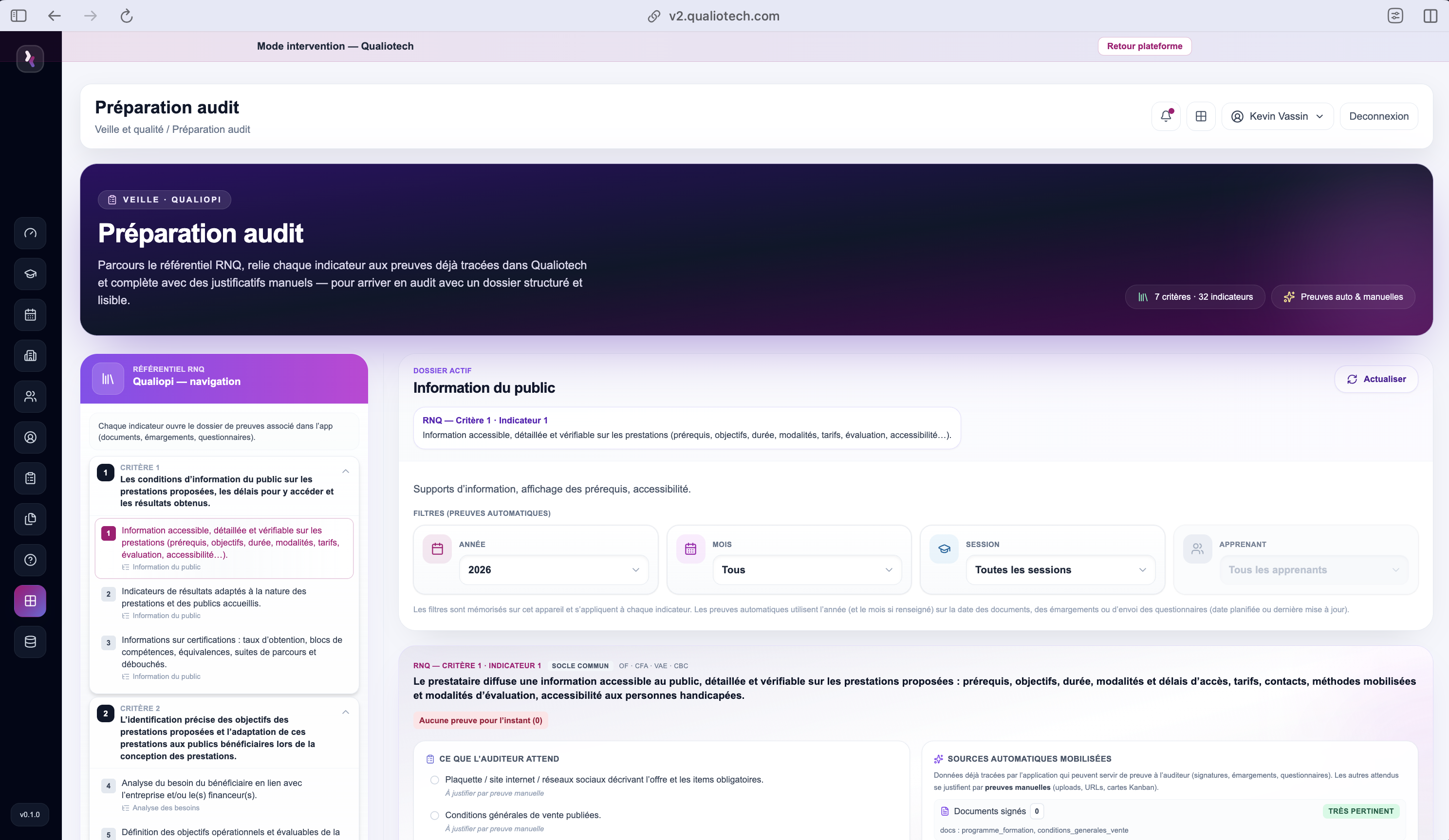 Preuves automatiques — collecte des preuves Qualiopi dans Qualiotech